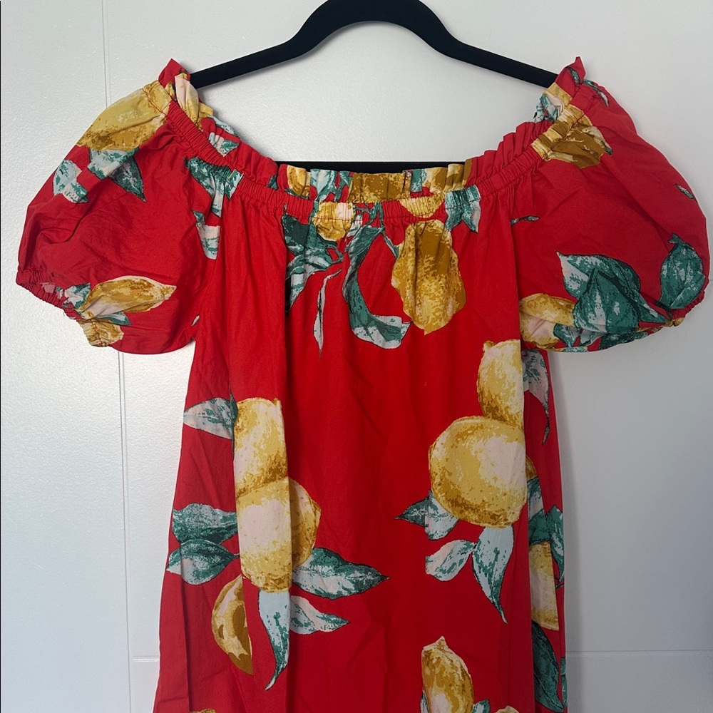 Flying Tomato Lemon Print Off Shoulder Midi Dress Puff Sleeve Red Tropical M - Picture 2 of 7